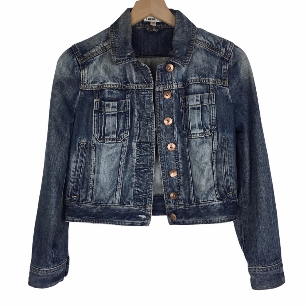 EXPRESS Denim Jean Jacket Acid Wash Distressed Trucker Cropped Boho Size Medium